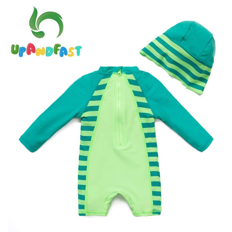 upandfast بدلة سباحة للأطفال/الرضع بقطعة واحدة بسحاب مع قبعة شمسية حماية من الشمس UPF 50+ (ديناصور، 12-18 شهر)  - Image 2